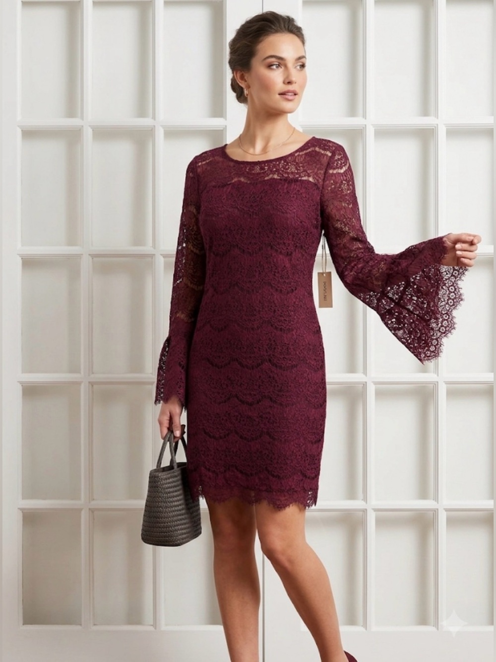 Lace sheath Dress with Sheer Bell Sleeves burgundy  Dark Romance Fairycore